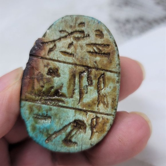 Vintage Clay Scarab Bead from Egypt Large Hieroglyphics - Picture 7 of 8
